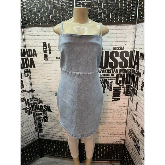 Zara Jrs XXL Light Blue Denim Side Zip Body-Con Spaghetti Strap Mini Dress - Picture 1 of 6
